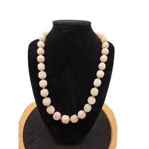 Vintage Polished Stone Bead Necklace White / Pale Pink Gold Spacer Beads